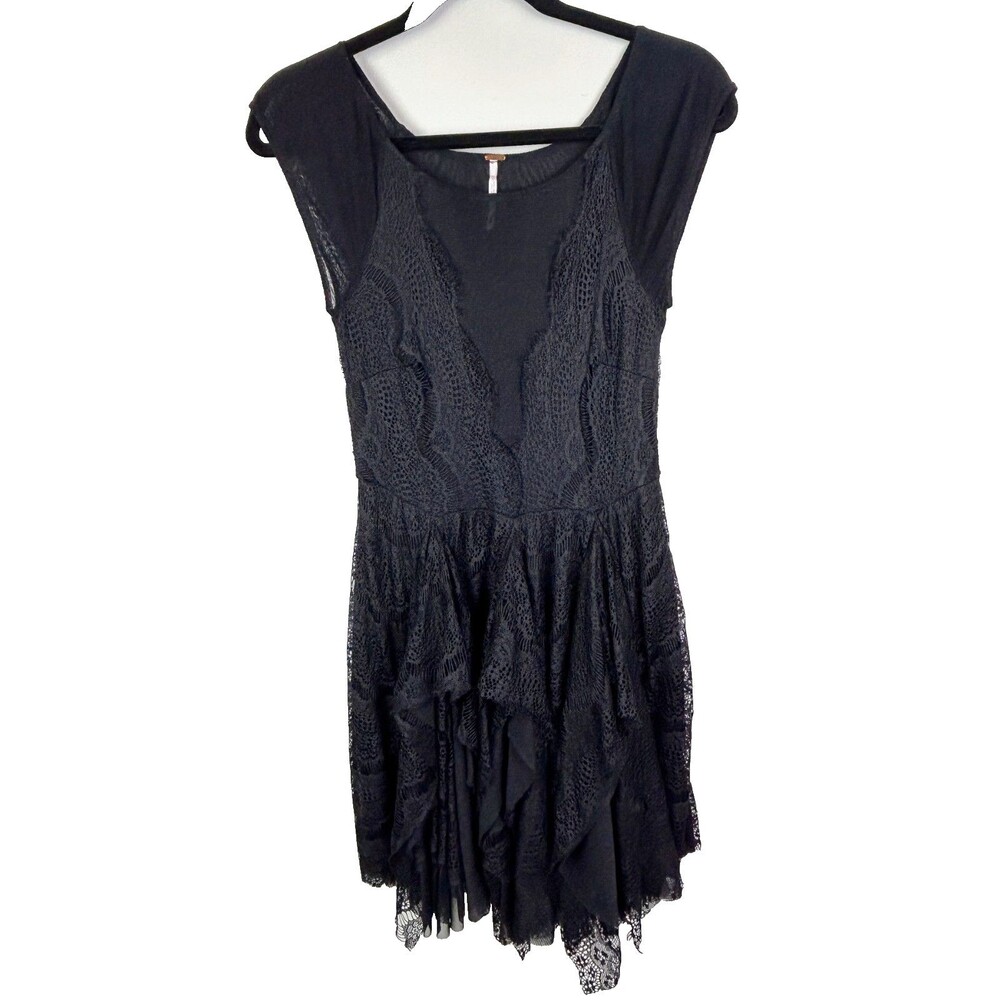 Free People Sheer Lace Mini Dress Black Tiered Flowy Ruffles Whimsigoth sz S